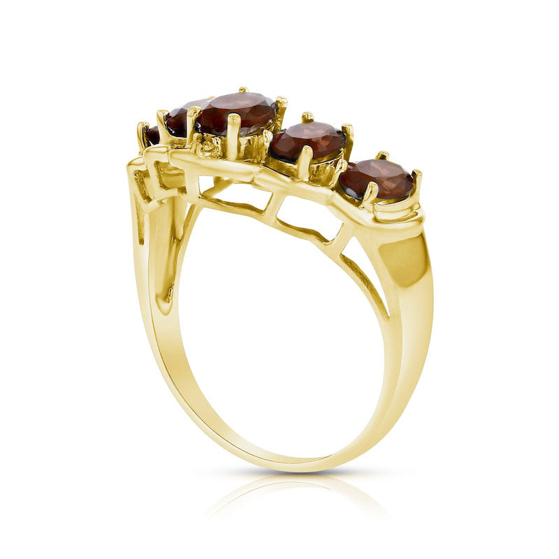 Oval Garnet and Natural Diamond Accent Five Stone Chevron Ring in Solid 14K Gold
