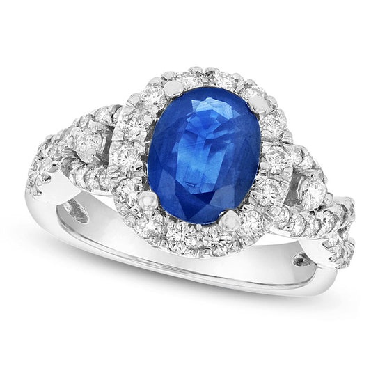 Oval Blue Sapphire and 0.63 CT. T.W. Natural Diamond Frame Side Accent Twisted Split Shank Engagement Ring in Solid 14K White Gold