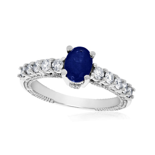 Oval Blue Sapphire and 0.50 CT. T.W. Natural Diamond Beaded Outer Edge Antique Vintage-Style Engagement Ring in Solid 14K White Gold