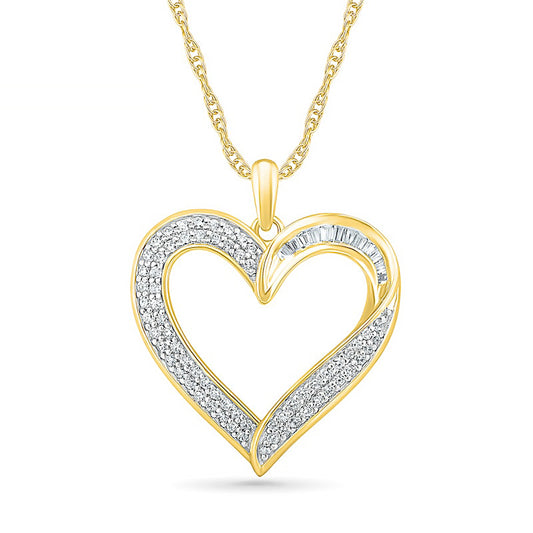 0.5 CT. T.W. Baguette and Round Natural Diamond Heart Pendant in 10K Yellow Gold