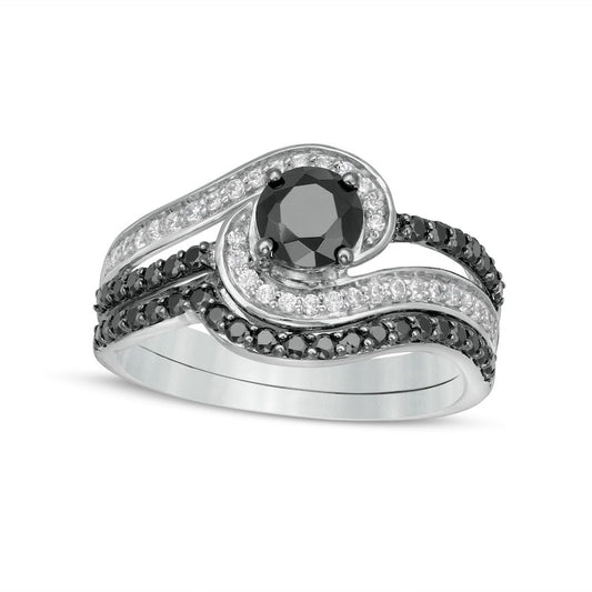 1.0 CT. T.W. Black Enhanced and White Natural Diamond Bypass Multi-Row Bridal Engagement Ring Set in Solid 10K White Gold