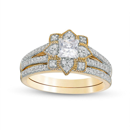 0.75 CT. T.W. Princess-Cut Natural Diamond Flower Frame Antique Vintage-Style Bridal Engagement Ring Set in Solid 10K Yellow Gold