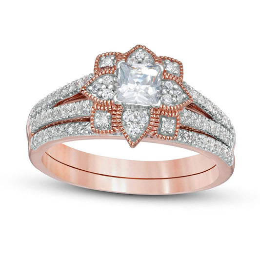 0.75 CT. T.W. Princess-Cut Natural Diamond Flower Frame Antique Vintage-Style Bridal Engagement Ring Set in Solid 10K Rose Gold