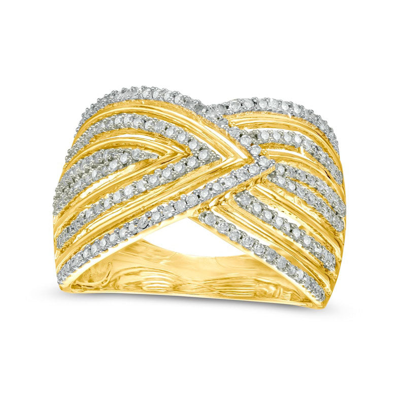 0.50 CT. T.W. Natural Diamond Chevron Pattern Multi-Row Crossover Ring in Solid 10K Yellow Gold
