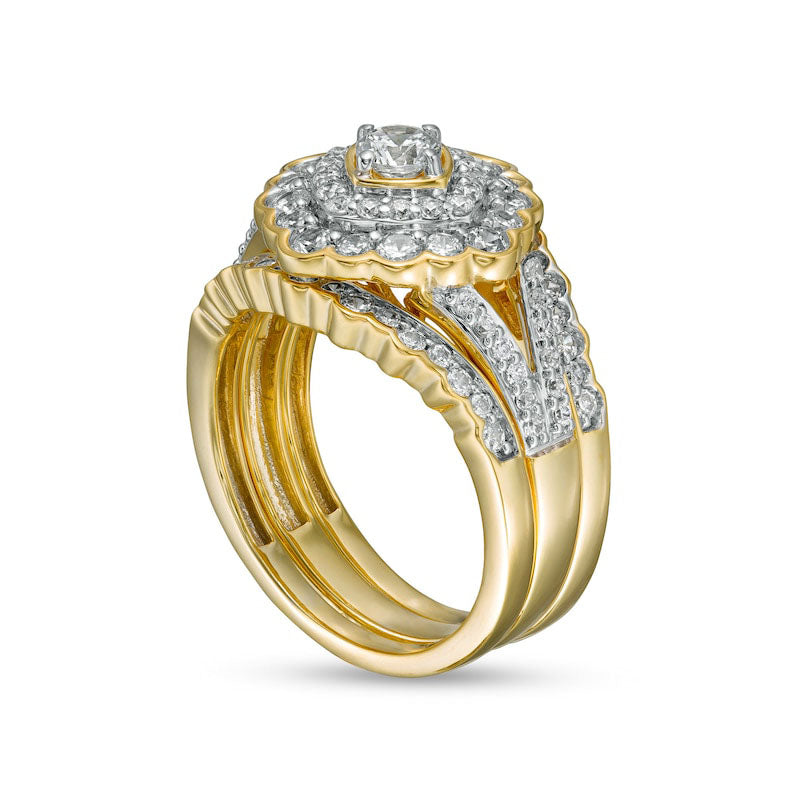 1.25 CT. T.W. Natural Diamond Double Tilted Frame Scallop Edge Three Piece Bridal Engagement Ring Set in Solid 10K Yellow Gold