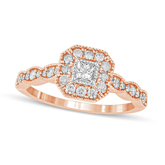 0.50 CT. T.W. Princess-Cut Natural Diamond Octagonal Frame Antique Vintage-Style Engagement Ring in Solid 10K Rose Gold
