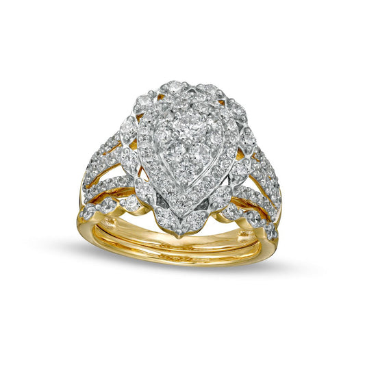 1.63 CT. T.W. Composite Pear-Shaped Natural Diamond Double Frame Scallop Edge Bridal Engagement Ring Set in Solid 10K Yellow Gold