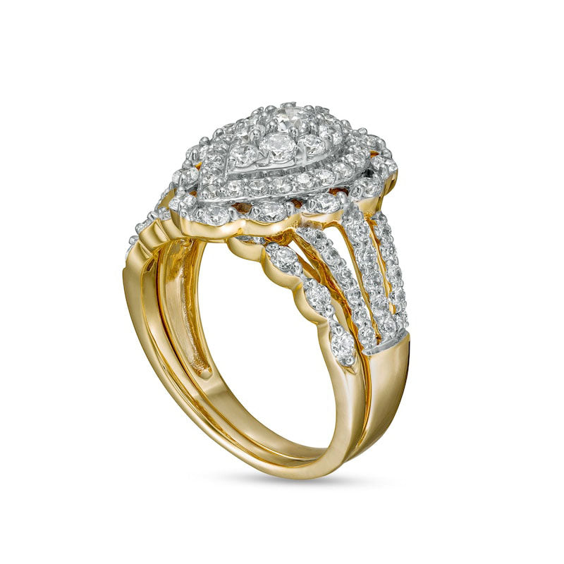 1.63 CT. T.W. Composite Pear-Shaped Natural Diamond Double Frame Scallop Edge Bridal Engagement Ring Set in Solid 10K Yellow Gold