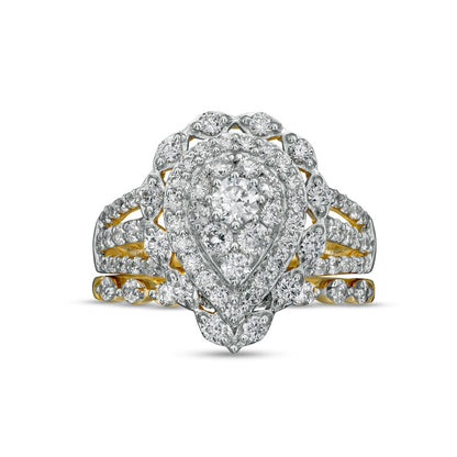 1.63 CT. T.W. Composite Pear-Shaped Natural Diamond Double Frame Scallop Edge Bridal Engagement Ring Set in Solid 10K Yellow Gold