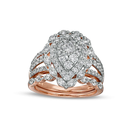 1.63 CT. T.W. Composite Pear-Shaped Natural Diamond Double Frame Scallop Edge Bridal Engagement Ring Set in Solid 10K Rose Gold
