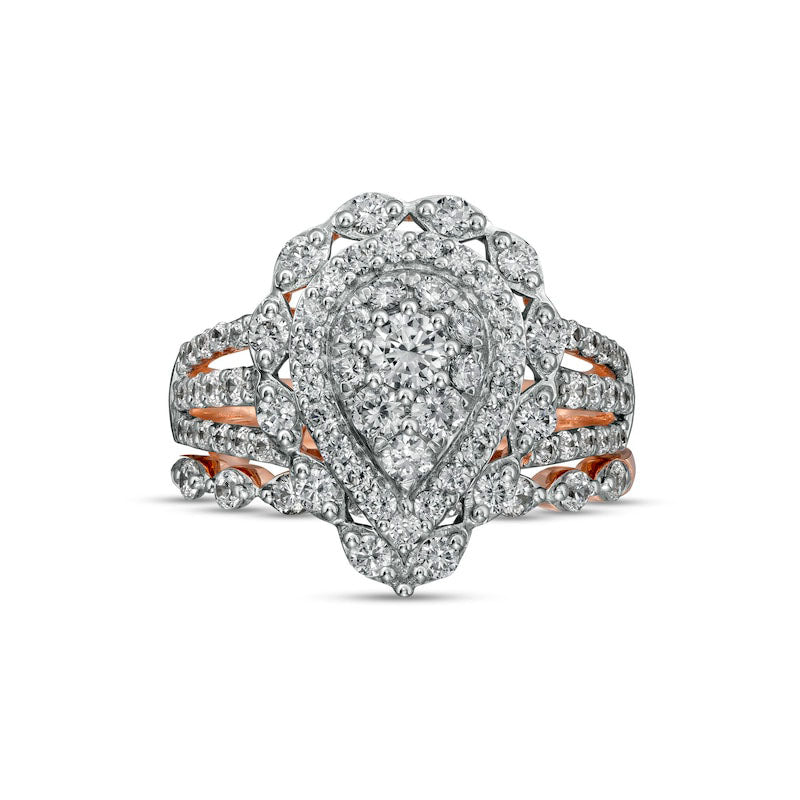 1.63 CT. T.W. Composite Pear-Shaped Natural Diamond Double Frame Scallop Edge Bridal Engagement Ring Set in Solid 10K Rose Gold