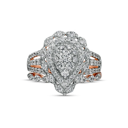 1.63 CT. T.W. Composite Pear-Shaped Natural Diamond Double Frame Scallop Edge Bridal Engagement Ring Set in Solid 10K Rose Gold