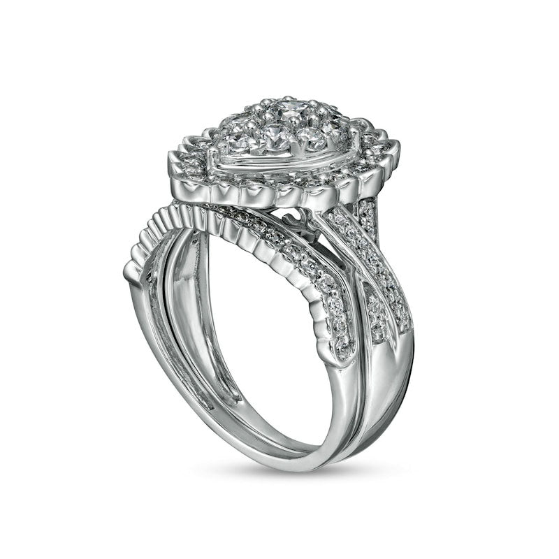 1.38 CT. T.W. Composite Pear-Shaped Natural Diamond Frame Scallop Edge Bridal Engagement Ring Set in Solid 10K White Gold