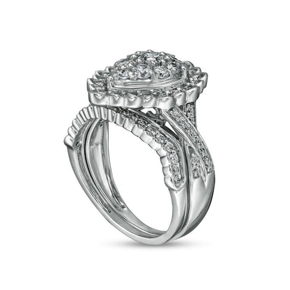 1.38 CT. T.W. Composite Pear-Shaped Natural Diamond Frame Scallop Edge Bridal Engagement Ring Set in Solid 10K White Gold