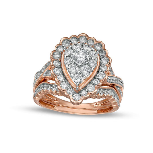 1.38 CT. T.W. Composite Pear-Shaped Natural Diamond Frame Scallop Edge Bridal Engagement Ring Set in Solid 10K Rose Gold