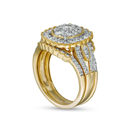 1.63 CT. T.W. Composite Natural Diamond Frame Scallop Edge Three Piece Bridal Engagement Ring Set in Solid 10K Yellow Gold