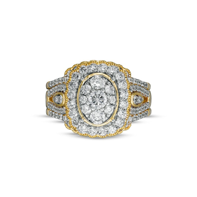 1.63 CT. T.W. Composite Natural Diamond Frame Scallop Edge Three Piece Bridal Engagement Ring Set in Solid 10K Yellow Gold