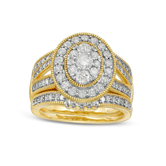 1.5 CT. T.W. Composite Oval Natural Diamond Frame Antique Vintage-Style Split Shank Three Piece Bridal Engagement Ring Set in Solid 10K Yellow Gold