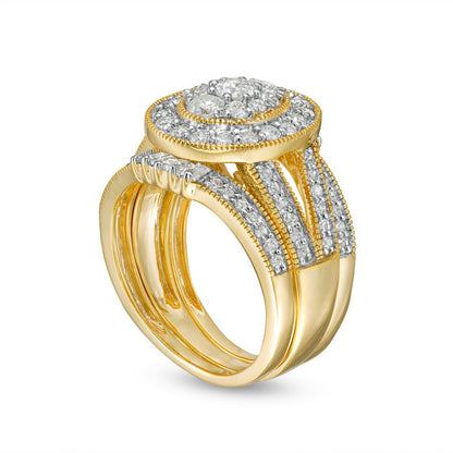 1.5 CT. T.W. Composite Oval Natural Diamond Frame Antique Vintage-Style Split Shank Three Piece Bridal Engagement Ring Set in Solid 10K Yellow Gold