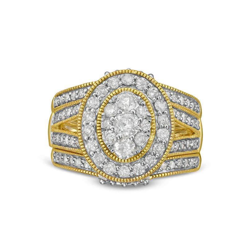 1.5 CT. T.W. Composite Oval Natural Diamond Frame Antique Vintage-Style Split Shank Three Piece Bridal Engagement Ring Set in Solid 10K Yellow Gold