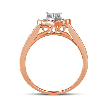 1.0 CT. T.W. Pear-Shaped Natural Diamond Scallop Frame Antique Vintage-Style Engagement Ring in Solid 14K Rose Gold