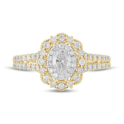 1.0 CT. T.W. Oval Natural Diamond Double Scallop Frame Antique Vintage-Style Engagement Ring in Solid 14K Gold