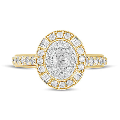 1.0 CT. T.W. Oval Natural Diamond Double Frame Antique Vintage-Style Engagement Ring in Solid 14K Gold