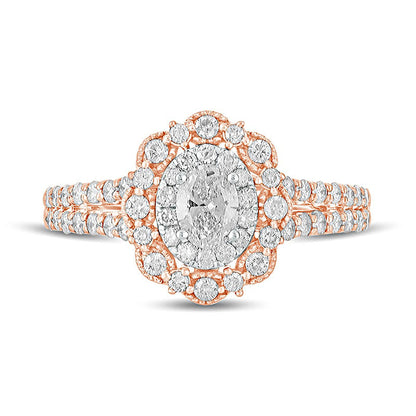 1.0 CT. T.W. Oval Natural Diamond Double Scallop Frame Antique Vintage-Style Engagement Ring in Solid 14K Rose Gold