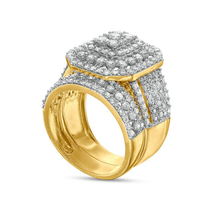 2.20 CT. T.W. Composite Natural Diamond Triple Octagonal Frame Multi-Row Bridal Engagement Ring Set in Solid 10K Yellow Gold
