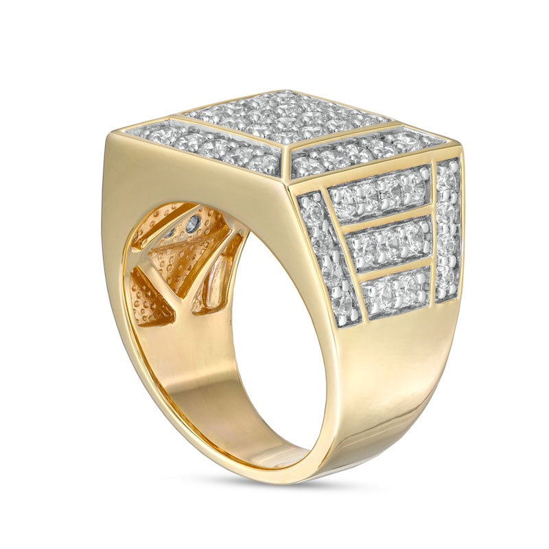 Men's 3.0 CT. T.W. Square Composite Natural Diamond Pyramid Frame Horizontal Triple Frame Border Shank Ring in Solid 10K Yellow Gold