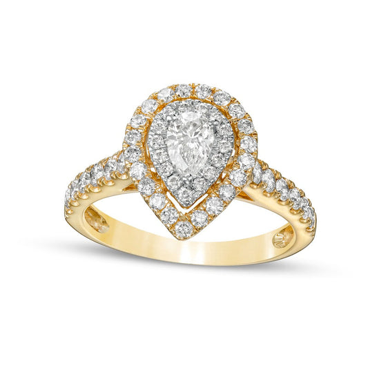 1.0 CT. T.W. Pear-Shaped Natural Diamond Double Frame Engagement Ring in Solid 14K Gold