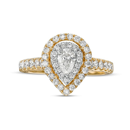 1.0 CT. T.W. Pear-Shaped Natural Diamond Double Frame Engagement Ring in Solid 14K Gold
