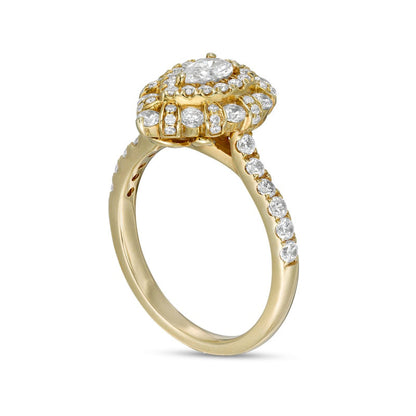 1.0 CT. T.W. Certified Pear-Shaped Natural Diamond Double Frame Engagement Ring in Solid 14K Gold (I/SI2)
