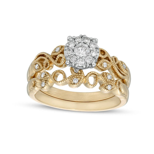 0.33 CT. T.W. Natural Diamond Frame Antique Vintage-Style Vine Bridal Engagement Ring Set in Solid 10K Yellow Gold