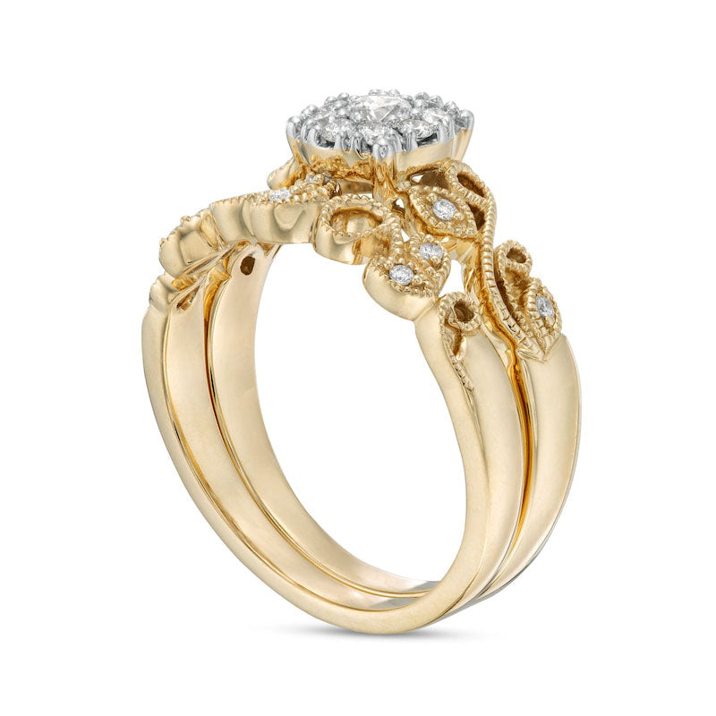 0.33 CT. T.W. Natural Diamond Frame Antique Vintage-Style Vine Bridal Engagement Ring Set in Solid 10K Yellow Gold
