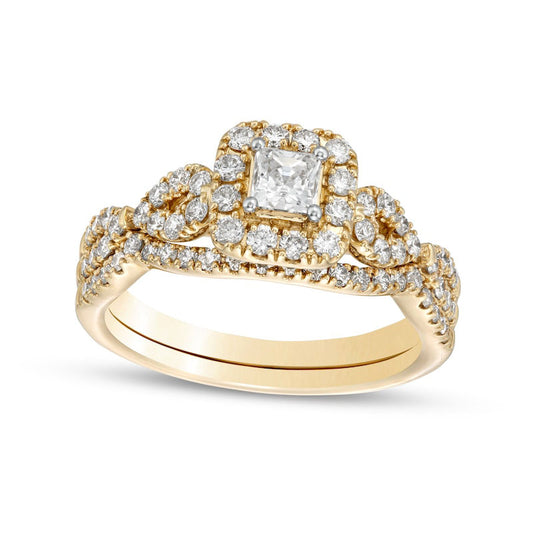 1.0 CT. T.W. Princess-Cut Natural Diamond Frame Twist Shank Bridal Engagement Ring Set in Solid 14K Gold