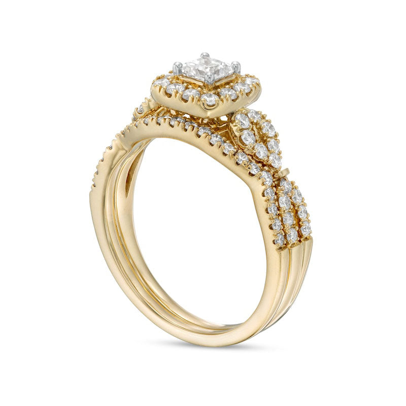1.0 CT. T.W. Princess-Cut Natural Diamond Frame Twist Shank Bridal Engagement Ring Set in Solid 14K Gold