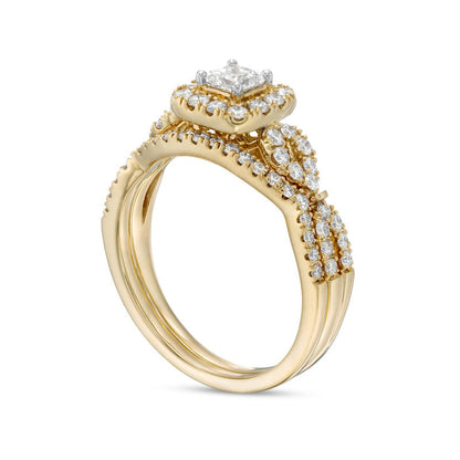 1.0 CT. T.W. Princess-Cut Natural Diamond Frame Twist Shank Bridal Engagement Ring Set in Solid 14K Gold