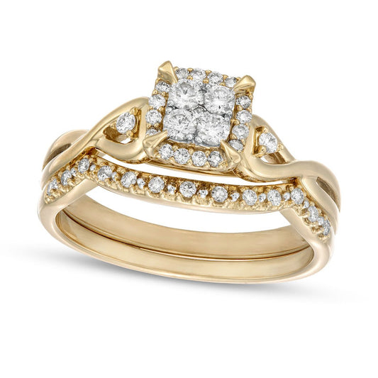 0.33 CT. T.W. Quad Natural Diamond Cushion-Shaped Frame Twist Shank Bridal Engagement Ring Set in Solid 10K Yellow Gold