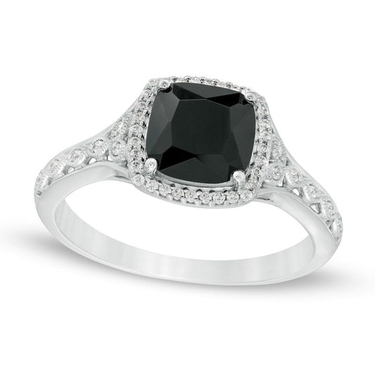 7.0mm Cushion-Cut Black Sapphire and 0.10 CT. T.W. Natural Diamond Frame Antique Vintage-Style Ring in Solid 10K White Gold