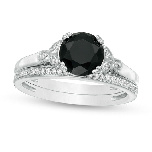8.0mm Black Sapphire and 0.10 CT. T.W. Natural Diamond Leaf Sides Bridal Engagement Ring Set in Solid 10K White Gold