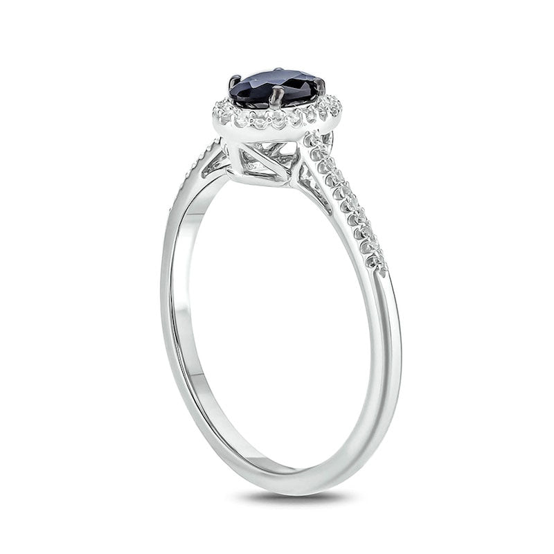 Oval Black Sapphire and 0.10 CT. T.W. Natural Diamond Frame Ring in Sterling Silver