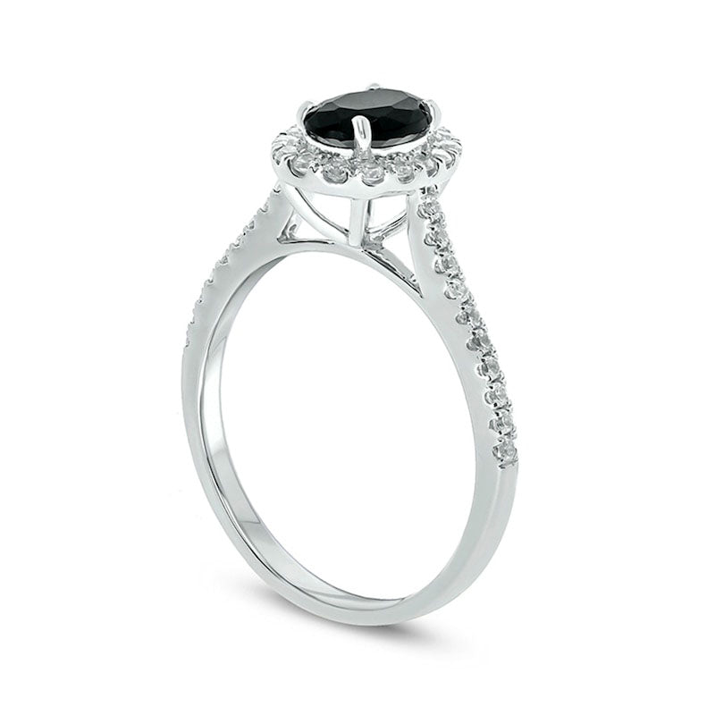 Oval Black Sapphire and 0.33 CT. T.W. Natural Diamond Frame Engagement Ring in Solid 10K White Gold