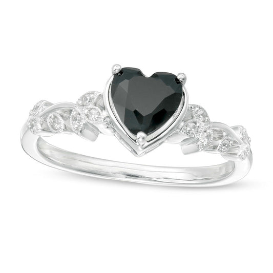 6.0mm Heart-Shaped Black Sapphire and 0.05 CT. T.W. Natural Diamond Vine Antique Vintage-Style Ring in Solid 10K White Gold