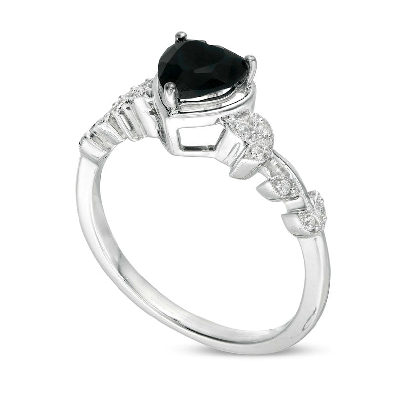 6.0mm Heart-Shaped Black Sapphire and 0.05 CT. T.W. Natural Diamond Vine Antique Vintage-Style Ring in Solid 10K White Gold