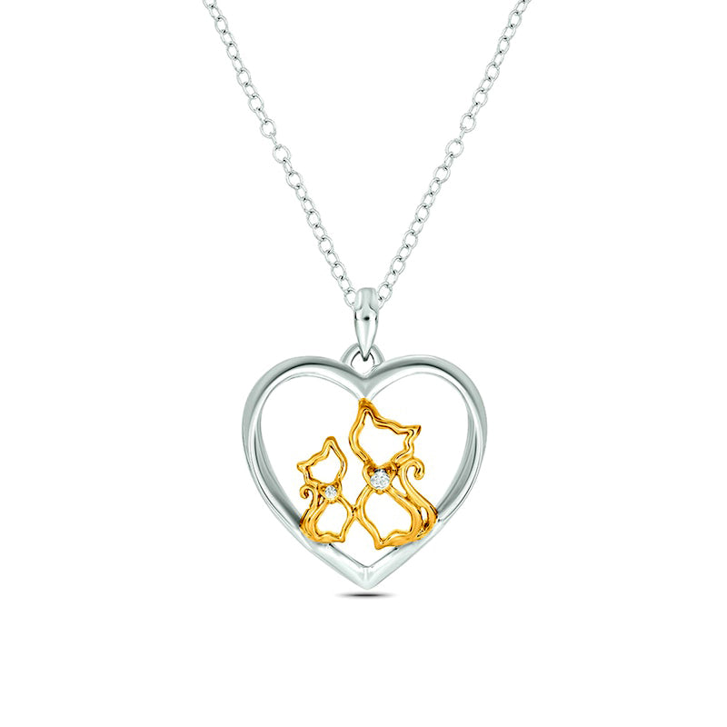 Natural Diamond Accent Cats in Heart Pendant in Sterling Silver with 14K Gold Plate