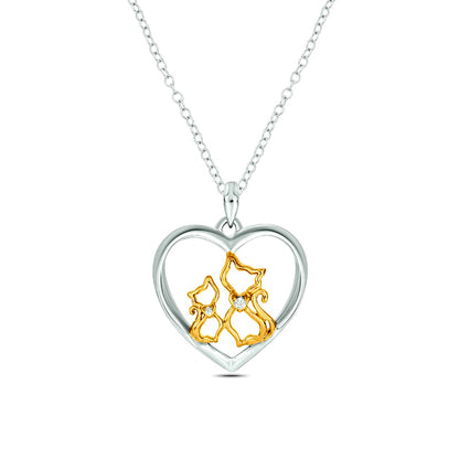 Natural Diamond Accent Cats in Heart Pendant in Sterling Silver with 14K Gold Plate
