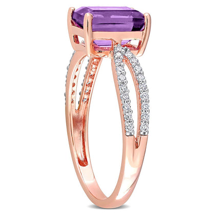 Emerald-Cut Amethyst and 0.20 CT. T.W. Natural Diamond Tapered Split Shank Ring in Solid 14K Rose Gold