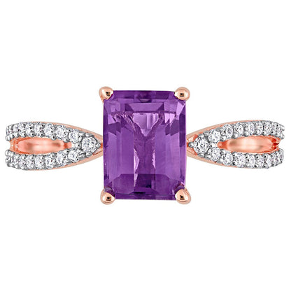 Emerald-Cut Amethyst and 0.20 CT. T.W. Natural Diamond Tapered Split Shank Ring in Solid 14K Rose Gold