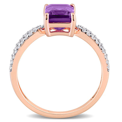 Emerald-Cut Amethyst and 0.20 CT. T.W. Natural Diamond Tapered Split Shank Ring in Solid 14K Rose Gold